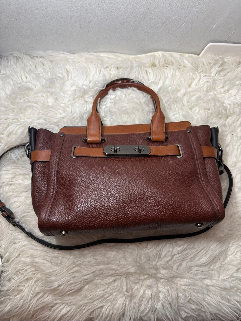 Coach Swagger Saddle & Mahogany Leather Satchel Handbag with Tan Accents medium